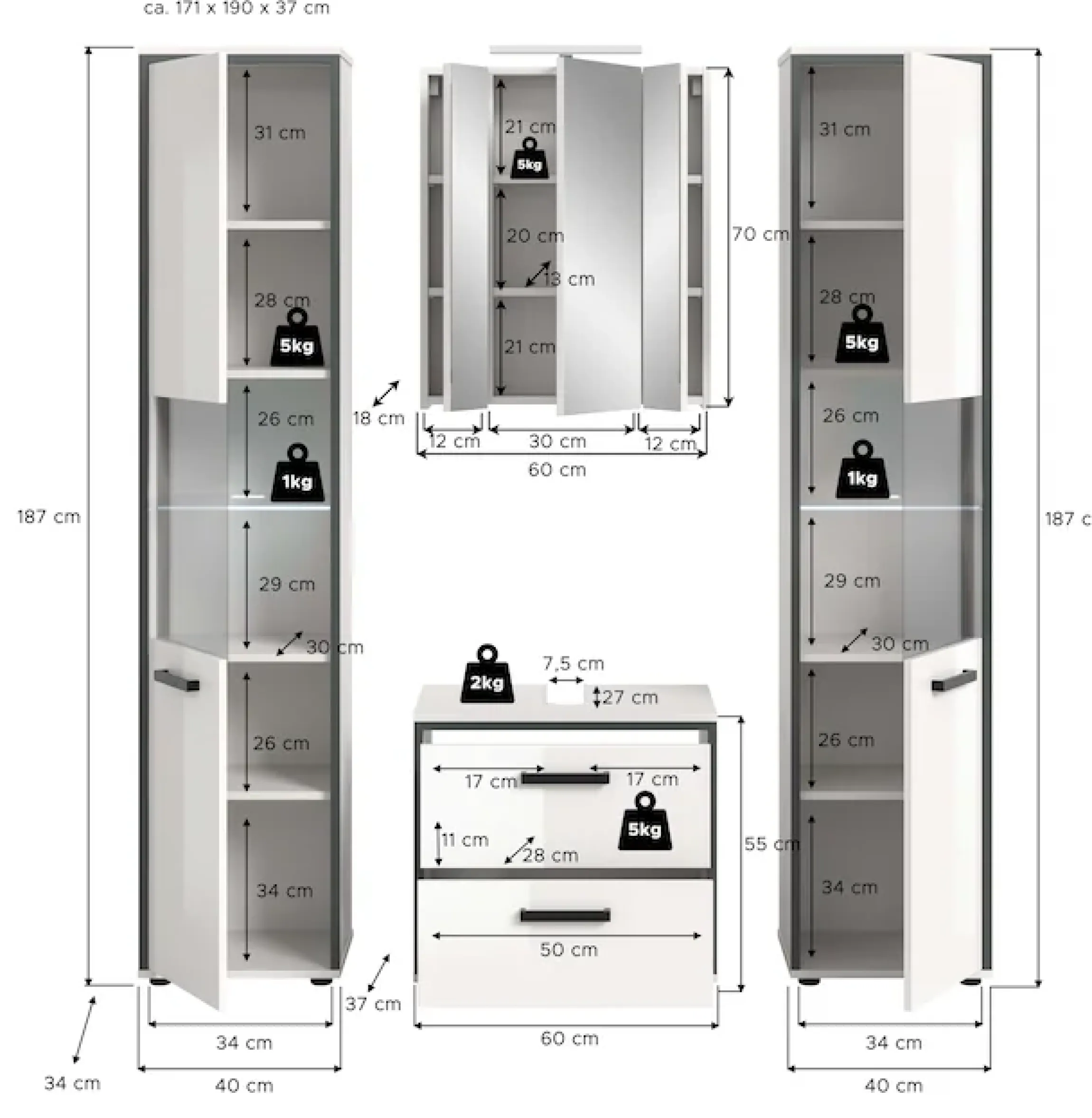 welltime Badmöbel-Set »KAJO, 4-tlg. Badkombination, weiß hochglanz inkl.Beleuchtung« Set, Set, best. aus: 2 Hochschränken,WBU,Spiegelschrank,Beleuchtung, 7 Stk. tlg.