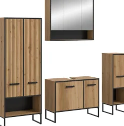 welltime Badmöbel-Set »LOCRI, 4-tlg. Badkombination, Breite 199 cm, Rillenoptik, Metallkufen« bestehend aus: Hochschrank, WBU, Spiegelschrank & Standschrank, 4 Stk. tlg.