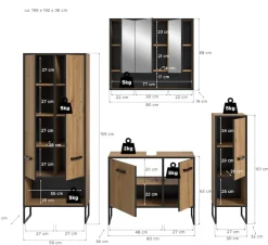 welltime Badmöbel-Set »LOCRI, 4-tlg. Badkombination, Breite 199 cm, Rillenoptik, Metallkufen« bestehend aus: Hochschrank, WBU, Spiegelschrank & Standschrank, 4 Stk. tlg.