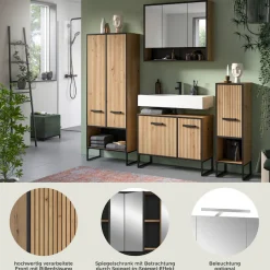welltime Badmöbel-Set »LOCRI, 4-tlg. Badkombination, Breite 199 cm, Rillenoptik, Metallkufen« bestehend aus: Hochschrank, WBU, Spiegelschrank & Standschrank, 4 Stk. tlg.