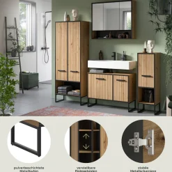 welltime Badmöbel-Set »LOCRI, 4-tlg. Badkombination, Breite 199 cm, Rillenoptik, Metallkufen« bestehend aus: Hochschrank, WBU, Spiegelschrank & Standschrank, 4 Stk. tlg.
