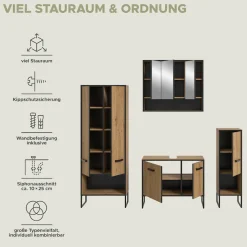 welltime Badmöbel-Set »LOCRI, 4-tlg. Badkombination, Breite 199 cm, Rillenoptik, Metallkufen« bestehend aus: Hochschrank, WBU, Spiegelschrank & Standschrank, 4 Stk. tlg.