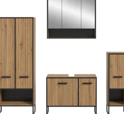 welltime Badmöbel-Set »LOCRI, 4-tlg. Badkombination, Breite 199 cm, Rillenoptik, Metallkufen« bestehend aus: Hochschrank, WBU, Spiegelschrank & Standschrank, 4 Stk. tlg.