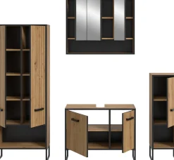 welltime Badmöbel-Set »LOCRI, 4-tlg. Badkombination, Breite 199 cm, Rillenoptik, Metallkufen« bestehend aus: Hochschrank, WBU, Spiegelschrank & Standschrank, 4 Stk. tlg.