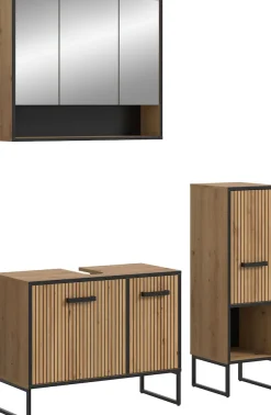 welltime Badmöbel-Set »LOCRI, 3-tlg. Badkombination, Breite 125 cm, Rillenoptik, Metallkufen« bestehend aus: Waschbeckenunterschrank, Spiegelschrank & Standschrank, 3 Stk. tlg.