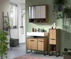 welltime Badmöbel-Set »LOCRI, 3-tlg. Badkombination, Breite 125 cm, Rillenoptik, Metallkufen« bestehend aus: Waschbeckenunterschrank, Spiegelschrank & Standschrank, 3 Stk. tlg.