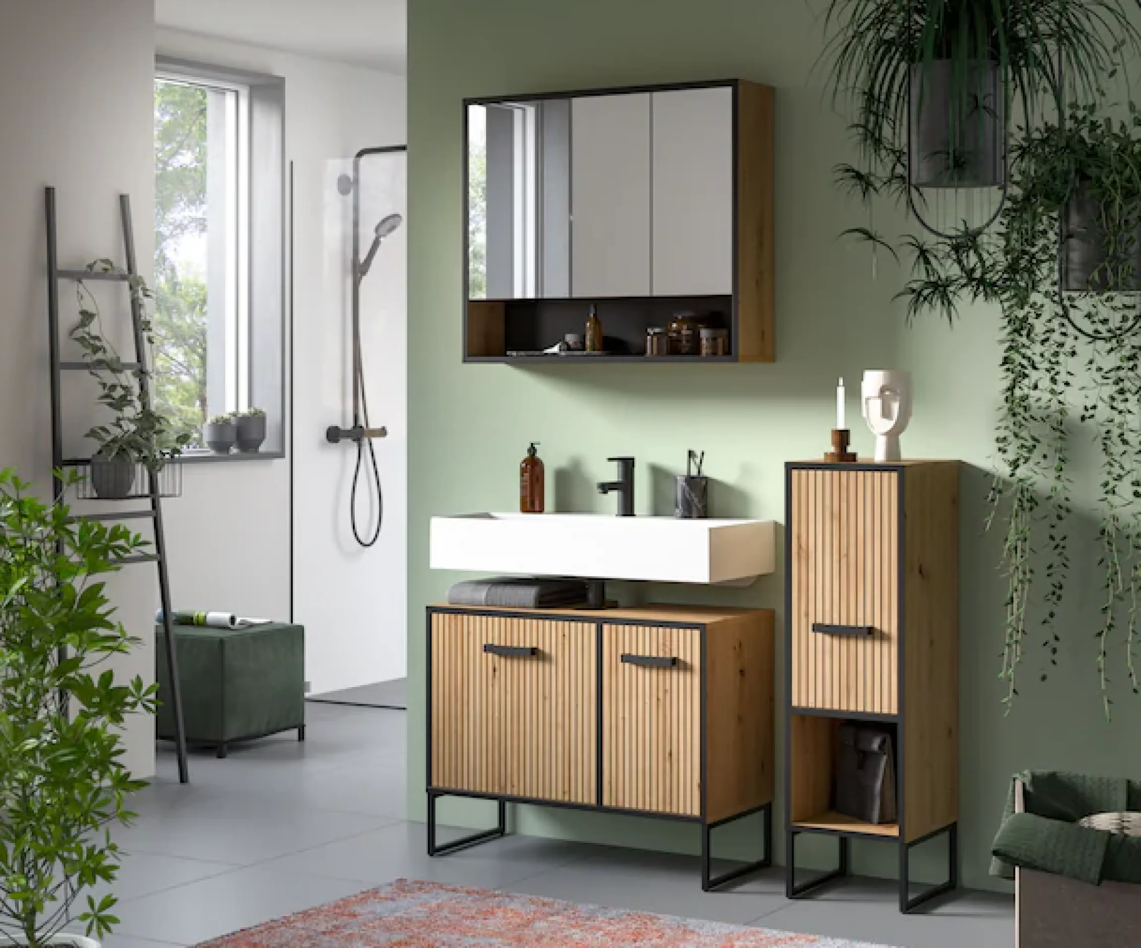 welltime Badmöbel-Set »LOCRI, 3-tlg. Badkombination, Breite 125 cm, Rillenoptik, Metallkufen« bestehend aus: Waschbeckenunterschrank, Spiegelschrank & Standschrank, 3 Stk. tlg.