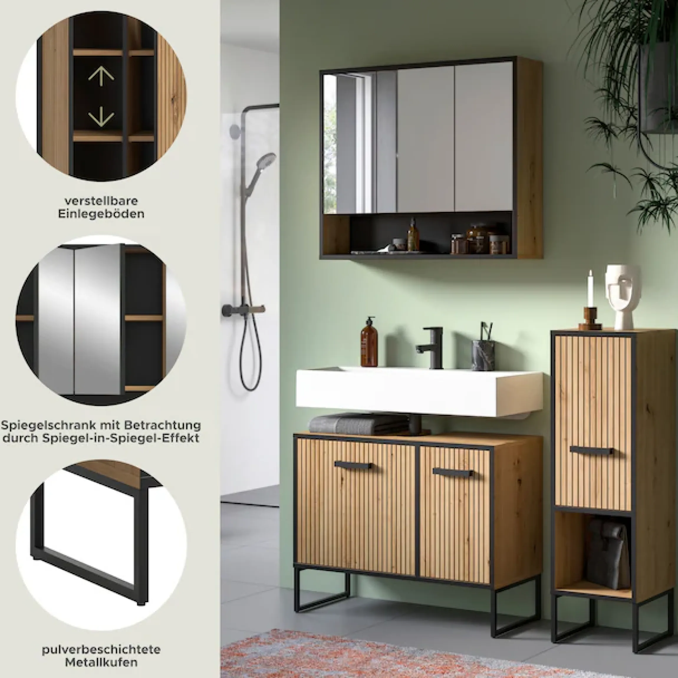 welltime Badmöbel-Set »LOCRI, 3-tlg. Badkombination, Breite 125 cm, Rillenoptik, Metallkufen« bestehend aus: Waschbeckenunterschrank, Spiegelschrank & Standschrank, 3 Stk. tlg.