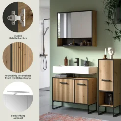 welltime Badmöbel-Set »LOCRI, 3-tlg. Badkombination, Breite 125 cm, Rillenoptik, Metallkufen« bestehend aus: Waschbeckenunterschrank, Spiegelschrank & Standschrank, 3 Stk. tlg.