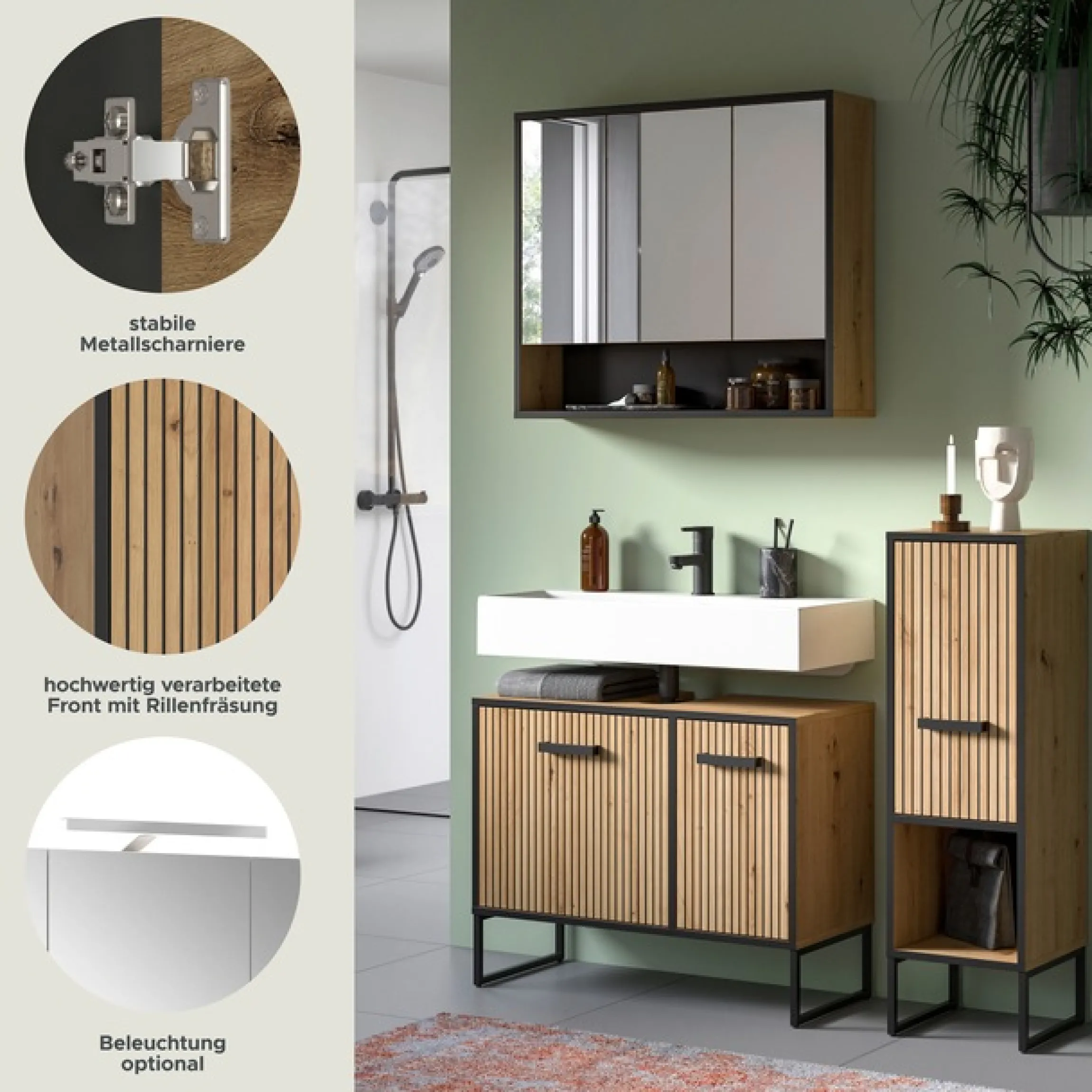 welltime Badmöbel-Set »LOCRI, 3-tlg. Badkombination, Breite 125 cm, Rillenoptik, Metallkufen« bestehend aus: Waschbeckenunterschrank, Spiegelschrank & Standschrank, 3 Stk. tlg.