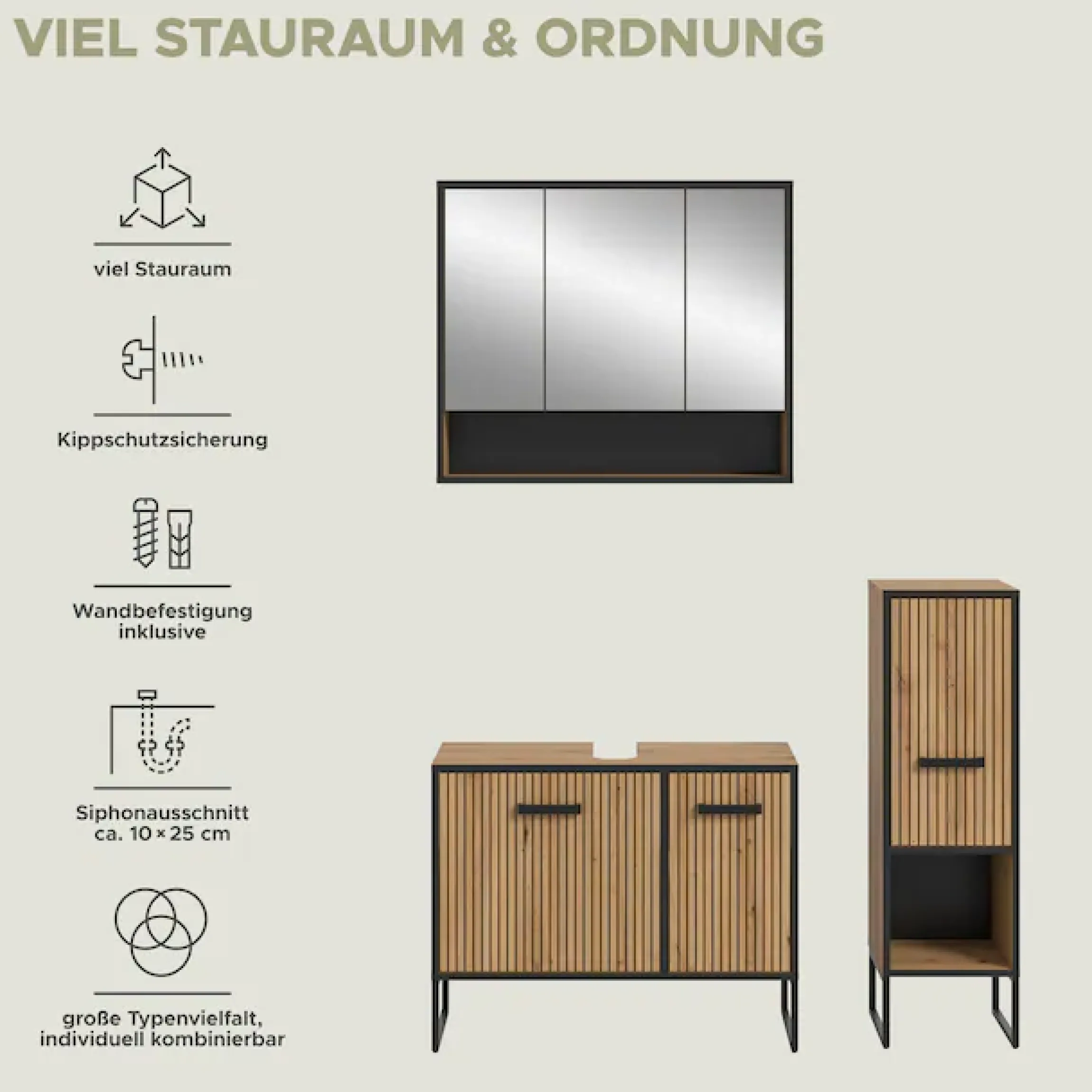 welltime Badmöbel-Set »LOCRI, 3-tlg. Badkombination, Breite 125 cm, Rillenoptik, Metallkufen« bestehend aus: Waschbeckenunterschrank, Spiegelschrank & Standschrank, 3 Stk. tlg.