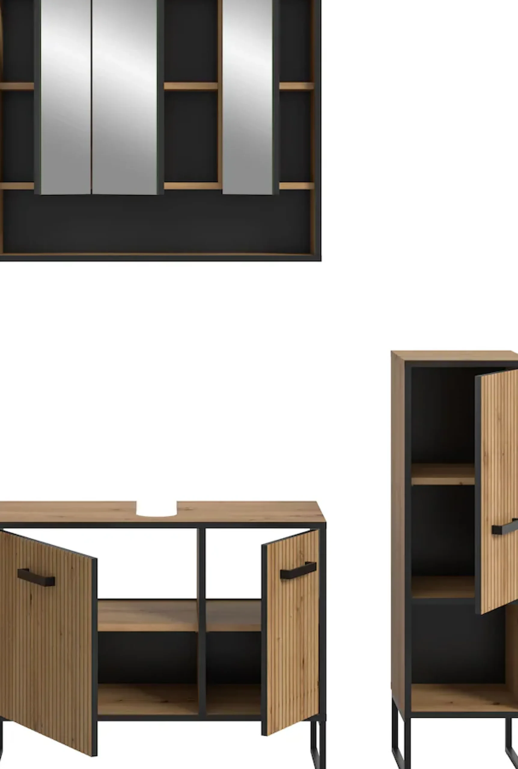 welltime Badmöbel-Set »LOCRI, 3-tlg. Badkombination, Breite 125 cm, Rillenoptik, Metallkufen« bestehend aus: Waschbeckenunterschrank, Spiegelschrank & Standschrank, 3 Stk. tlg.