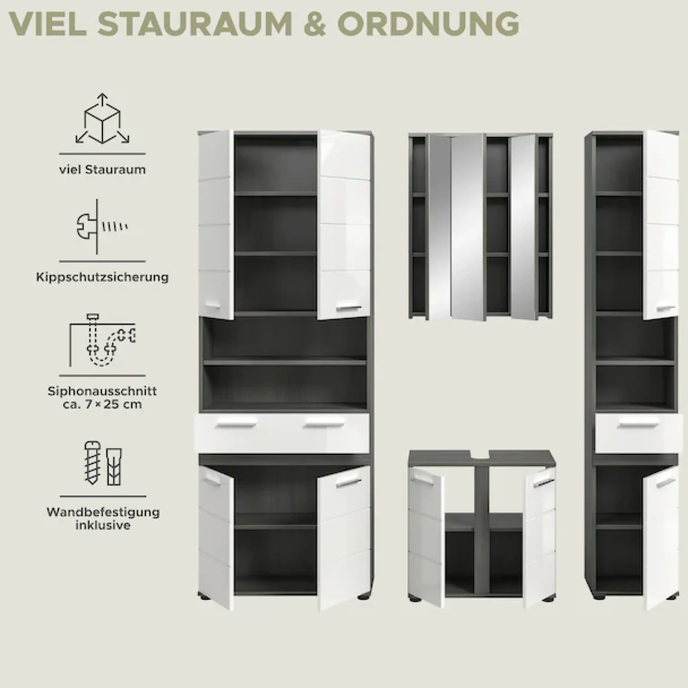 welltime Badmöbel-Set »LUCCA, 4-tlg. Badkombination, viel Stauraum, modernes Design« 4 Stk. tlg.