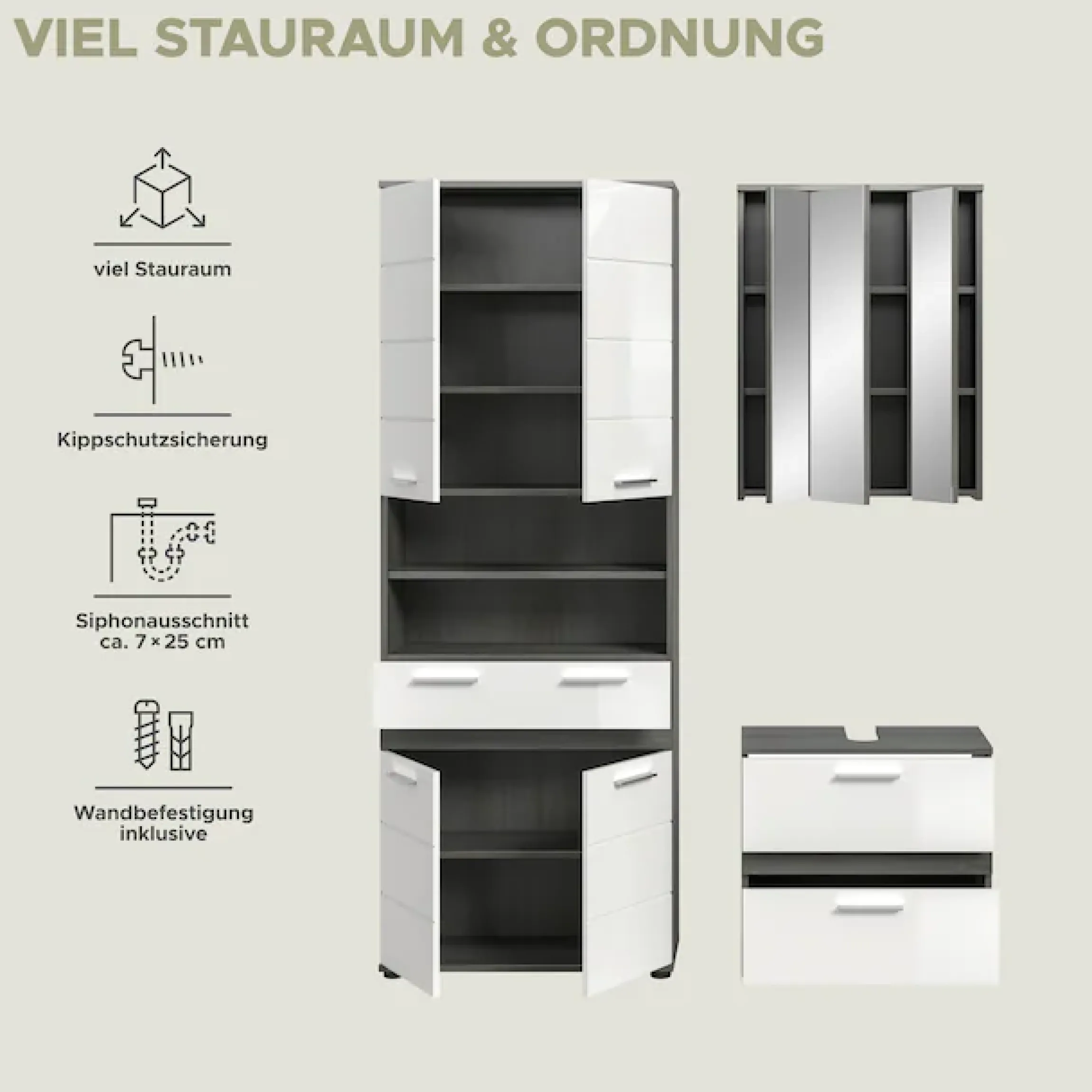 welltime Badmöbel-Set »LUCCA, 3-tlg. Badkombination, viel Stauraum, modernes Design« 3 Stk. tlg.