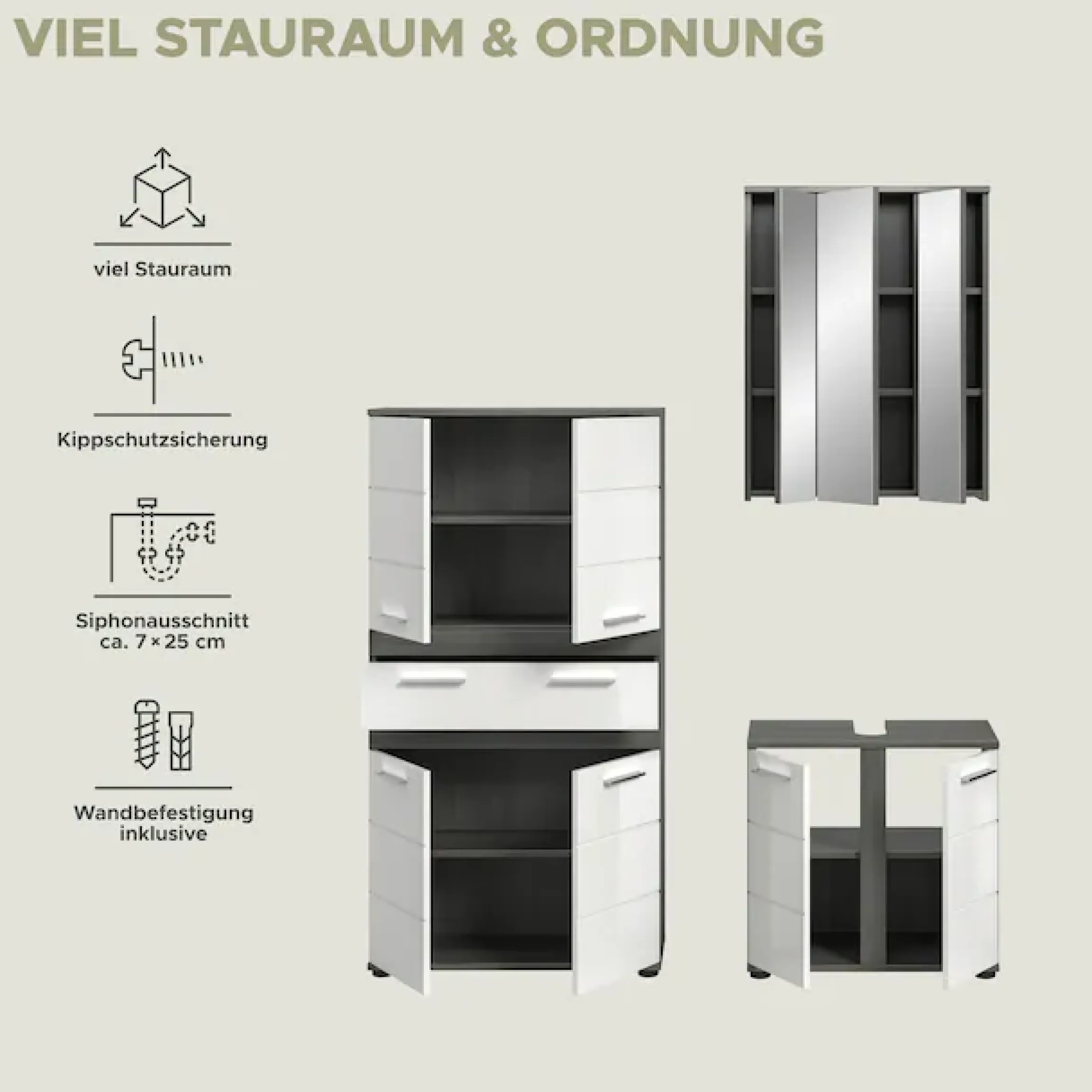 welltime Badmöbel-Set »LUCCA, 3-tlg. Badkombination, viel Stauraum, modernes Design« 3 Stk. tlg.