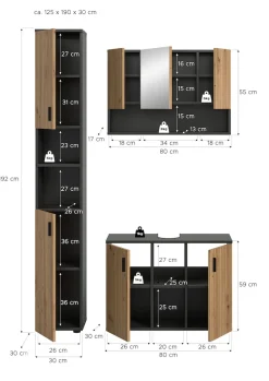 welltime Badmöbel-Set »MANI, 3-tlg. Badkombination, Paneeloptik« Set, Set, best, aus: 1Badschrank,1Spiegelschrank,1Waschbeckenunterschrank, 3 Stk. tlg.