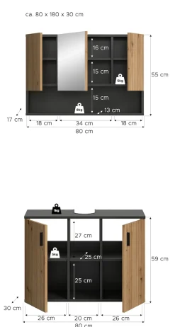 welltime Badmöbel-Set »MANI, 2-tlg. Badkombination, Paneeloptik« Set, Set, best. aus: 1 Spiegelschrank, 1 Waschbeckenunterschrank, 2 Stk. tlg.