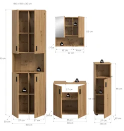 welltime Badmöbel-Set »MANI, 4-tlg. Badkombination, Paneeloptik« Set, Set, best. aus: 1 Hochschrank, 1 Spiegelschrank, 1 WBU, 1 Badschrank, 4 Stk. tlg.