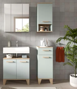 welltime Badmöbel-Set »MINTTU, 4-teilige moderne Badkombination im SCANDI-Look« bestehend aus: Midischrank, WBU, Spiegelschrank, Hängeschrank, 4 Stk. tlg.