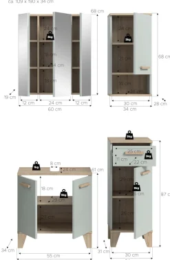 welltime Badmöbel-Set »MINTTU, 4-teilige moderne Badkombination im SCANDI-Look« bestehend aus: Midischrank, WBU, Spiegelschrank, Hängeschrank, 4 Stk. tlg.
