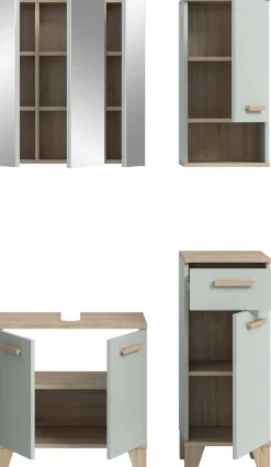 welltime Badmöbel-Set »MINTTU, 4-teilige moderne Badkombi im SCANDI-Look, inkl. Beleuchtung« bestehend aus: Midischrank, WBU, Spiegelschrank, Hängeschrank, 4 Stk. tlg.