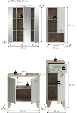 welltime Badmöbel-Set »MINTTU, 4-teilige moderne Badkombi im SCANDI-Look, inkl. Beleuchtung« bestehend aus: Midischrank, WBU, Spiegelschrank, Hängeschrank, 4 Stk. tlg.