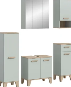 welltime Badmöbel-Set »MINTTU, 5-teilige moderne Badkombination im SCANDI-Look« bestehend aus: 2x Midischrank, WBU, Spiegelschrank, Hängeschrank, 5 Stk. tlg.