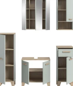 welltime Badmöbel-Set »MINTTU, 5-teilige moderne Badkombination im SCANDI-Look« bestehend aus: 2x Midischrank, WBU, Spiegelschrank, Hängeschrank, 5 Stk. tlg.