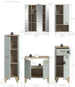 welltime Badmöbel-Set »MINTTU, 5-teilige moderne Badkombination im SCANDI-Look« bestehend aus: 2x Midischrank, WBU, Spiegelschrank, Hängeschrank, 5 Stk. tlg.