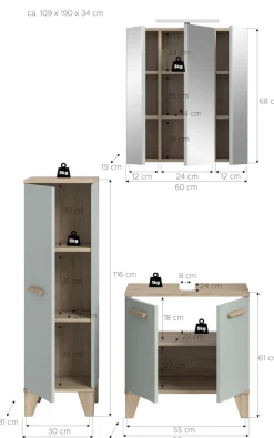 welltime Badmöbel-Set »MINTTU, 3-teilige moderne Badkombi im SCANDI-Look, inkl. Beleuchtung« bestehend aus: Midischrank, Waschbeckenunterschrank & Spiegelschrank, 3 Stk. tlg.