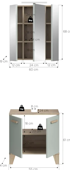 welltime Badmöbel-Set »MINTTU, 2-teilige moderne Badkombi im SCANDI-Look, inkl. Beleuchtung« bestehend aus: Waschbeckenunterschrank & Spiegelschrank, 2 Stk. tlg.