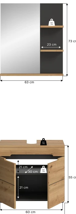 welltime Badmöbel-Set »REHAT, 2-teilig, Breite 63 cm, mit grifflosen Fronten, bestehend aus:« 2 Stk. tlg.