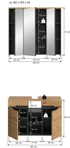 welltime Badmöbel-Set »REHAT, 2-teilig, Breite 80 cm, mit Grifflosen Fronten, bestehend aus:« 2 Stk. tlg.