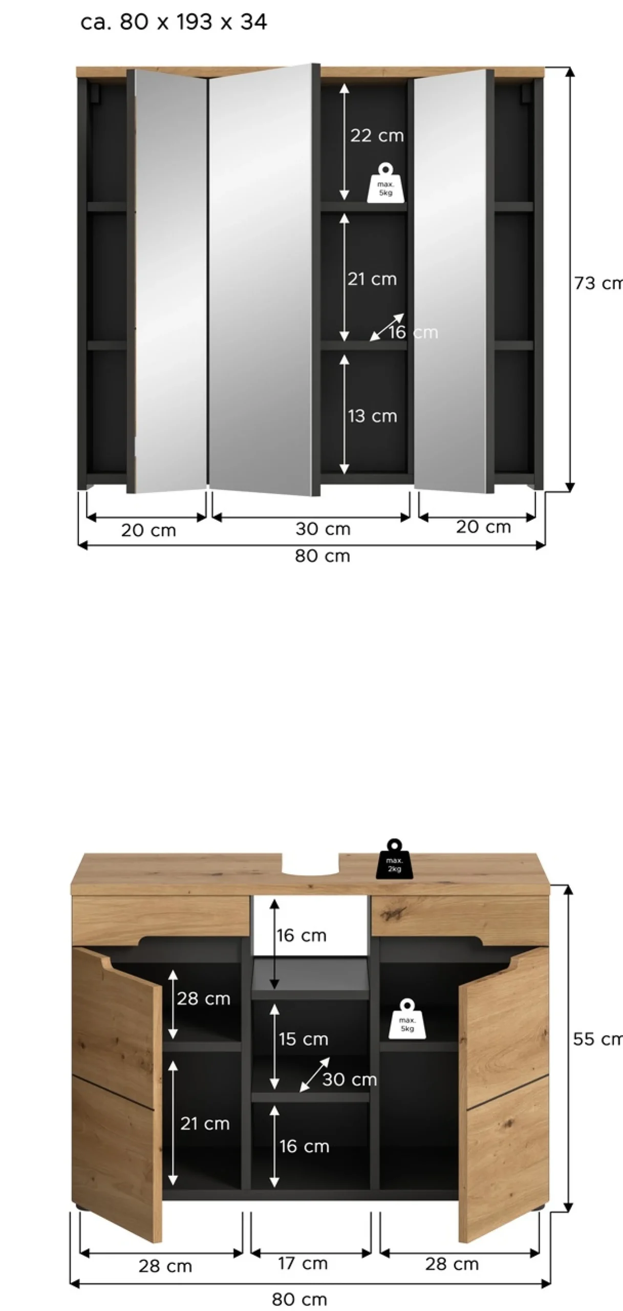 welltime Badmöbel-Set »REHAT, 2-teilig, Breite 80 cm, mit Grifflosen Fronten, bestehend aus:« 2 Stk. tlg.
