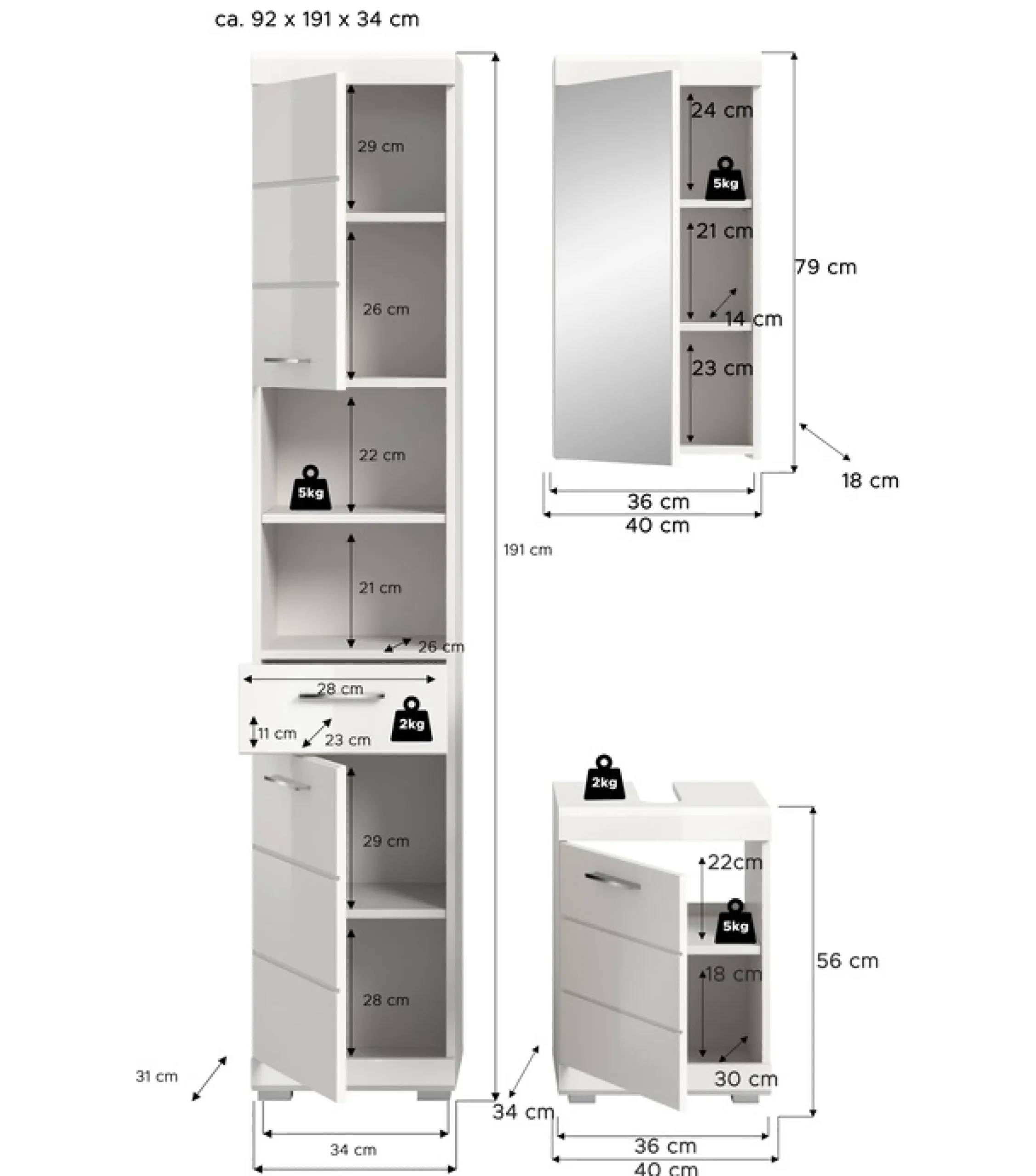 welltime Badmöbel-Set »SIENA, 3-tlg., Waschbeckenunterschrank, Spiegelschrank & Hochschrank«