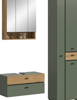 welltime Badmöbel-Set »VANN, 3-teilige moderne Badkombination, individuell stellbar« 1x Waschbeckenunterschrank, 1x Spiegelschrank, 1x Hochschrank, 3 Stk. tlg.