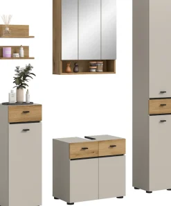 welltime Badmöbel-Set »VANN, 6-teilige moderne Badkombination, individuell stellbar« Midischrank, 2er Set Wandregal, WBU, Spiegelschrank, Hochschrank, 6 Stk. tlg.