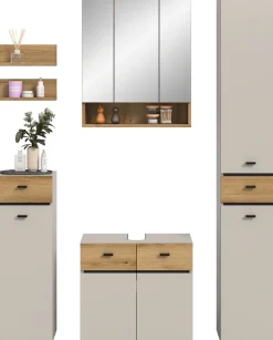welltime Badmöbel-Set »VANN, 6-teilige moderne Badkombination, individuell stellbar« Midischrank, 2er Set Wandregal, WBU, Spiegelschrank, Hochschrank, 6 Stk. tlg.