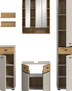 welltime Badmöbel-Set »VANN, 6-teilige moderne Badkombination, individuell stellbar« Midischrank, 2er Set Wandregal, WBU, Spiegelschrank, Hochschrank, 6 Stk. tlg.