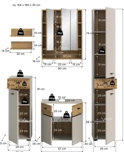 welltime Badmöbel-Set »VANN, 6-teilige moderne Badkombination, individuell stellbar« Midischrank, 2er Set Wandregal, WBU, Spiegelschrank, Hochschrank, 6 Stk. tlg.