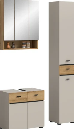 welltime Badmöbel-Set »VANN, 3-teilige moderne Badkombination, inkl. Beleuchtung« Waschbeckenunterschrank, Spiegelschrank inkl. Beleuchtung, Hochschrank, 3 Stk. tlg.