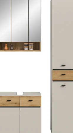 welltime Badmöbel-Set »VANN, 3-teilige moderne Badkombination, inkl. Beleuchtung« Waschbeckenunterschrank, Spiegelschrank inkl. Beleuchtung, Hochschrank, 3 Stk. tlg.
