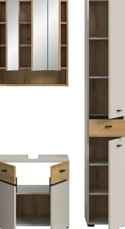 welltime Badmöbel-Set »VANN, 3-teilige moderne Badkombination, inkl. Beleuchtung« Waschbeckenunterschrank, Spiegelschrank inkl. Beleuchtung, Hochschrank, 3 Stk. tlg.