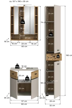 welltime Badmöbel-Set »VANN, 3-teilige moderne Badkombination, inkl. Beleuchtung« Waschbeckenunterschrank, Spiegelschrank inkl. Beleuchtung, Hochschrank, 3 Stk. tlg.