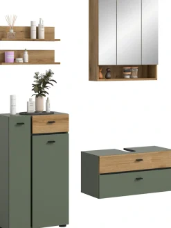 welltime Badmöbel-Set »VANN, 5-teilige moderne Badkombination, individuell stellbar« Midischrank, 2er Set Wandregal, Waschbeckenunterschrank,Spiegelschrank, 5 Stk. tlg.
