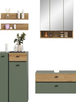welltime Badmöbel-Set »VANN, 5-teilige moderne Badkombination, individuell stellbar« Midischrank, 2er Set Wandregal, Waschbeckenunterschrank,Spiegelschrank, 5 Stk. tlg.