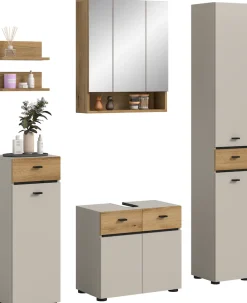 welltime Badmöbel-Set »VANN, 6-teilige moderne Badkombination, inkl. Beleuchtung« Midischrank, 2er Set Wandregal, WBU, Spiegelschrank, Hochschrank, 6 Stk. tlg.