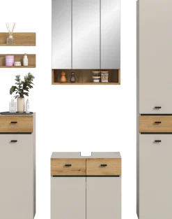 welltime Badmöbel-Set »VANN, 6-teilige moderne Badkombination, inkl. Beleuchtung« Midischrank, 2er Set Wandregal, WBU, Spiegelschrank, Hochschrank, 6 Stk. tlg.