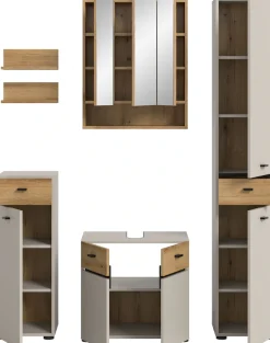 welltime Badmöbel-Set »VANN, 6-teilige moderne Badkombination, inkl. Beleuchtung« Midischrank, 2er Set Wandregal, WBU, Spiegelschrank, Hochschrank, 6 Stk. tlg.