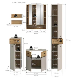 welltime Badmöbel-Set »VANN, 6-teilige moderne Badkombination, inkl. Beleuchtung« Midischrank, 2er Set Wandregal, WBU, Spiegelschrank, Hochschrank, 6 Stk. tlg.